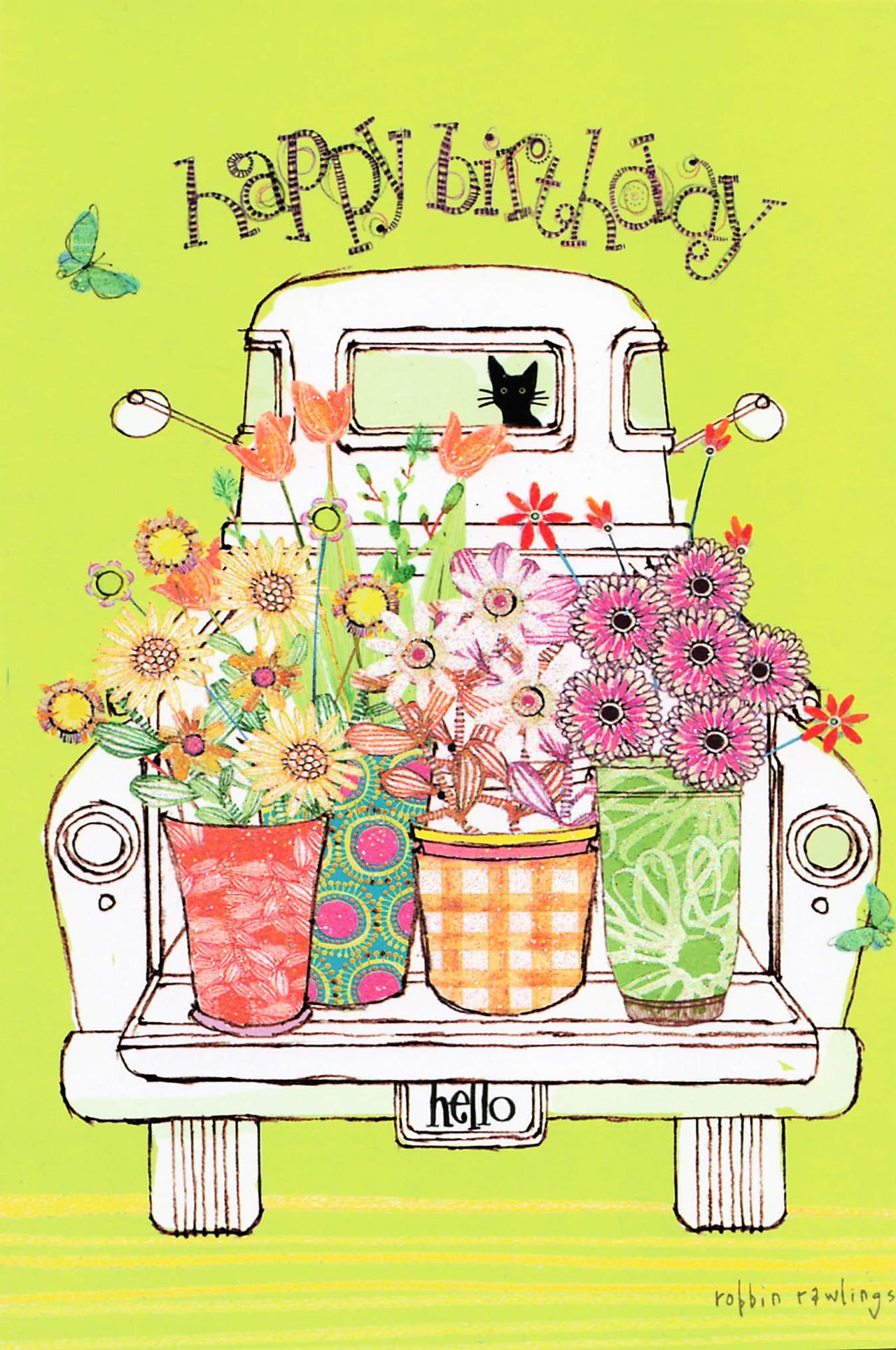 Greeting Card - White pick-up flowers black cat