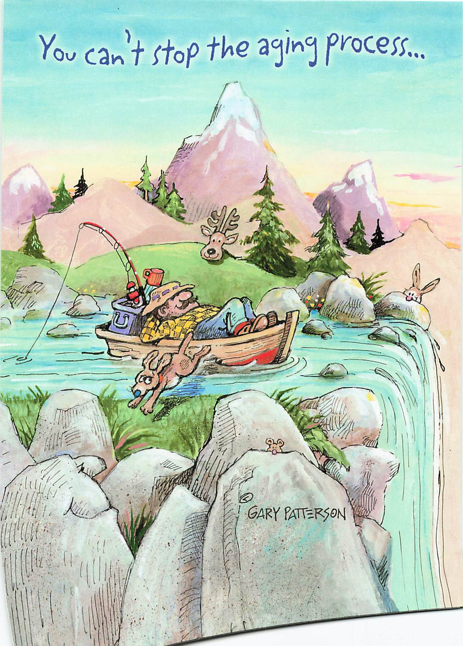 Greeting Card - Guy asleep boat headed at waterfall