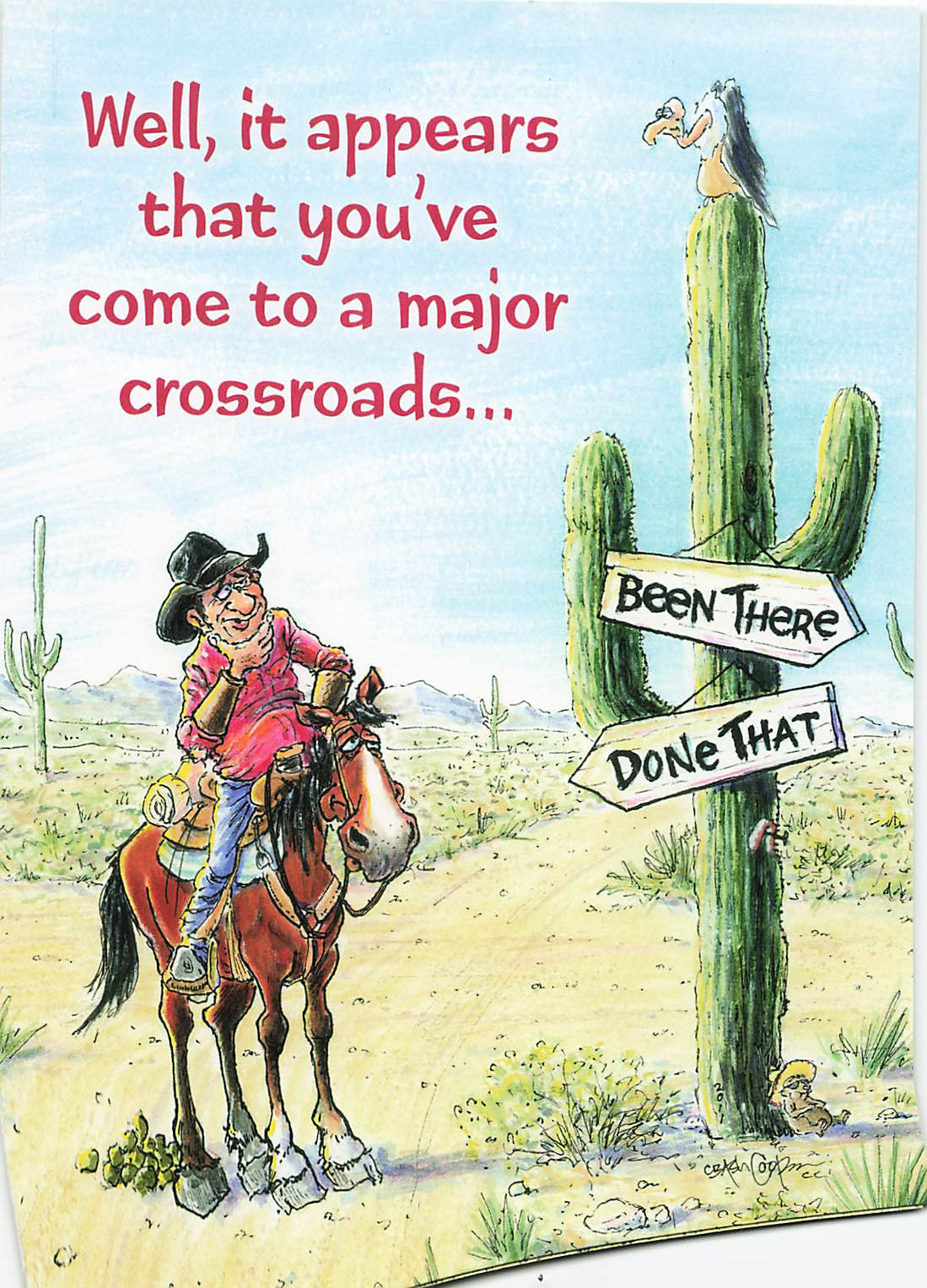 Greeting Card - Cowboy ponders direction signs