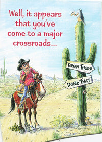 Greeting Card - Cowboy ponders direction signs
