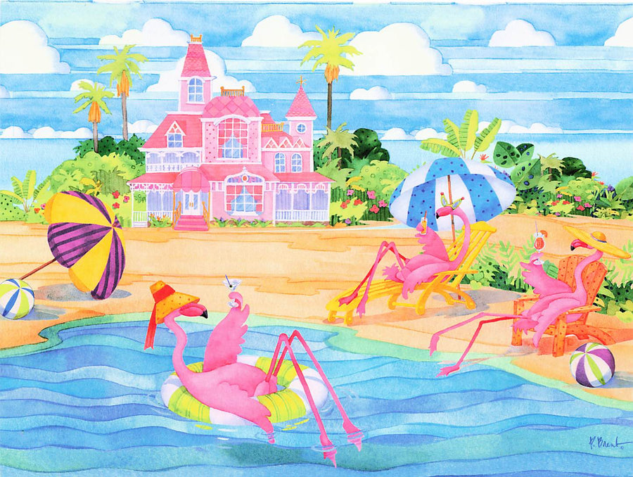 Greeting Card - Pink flamingos by hotel