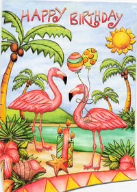 Greeting Card - Flamingos with balloons on beach