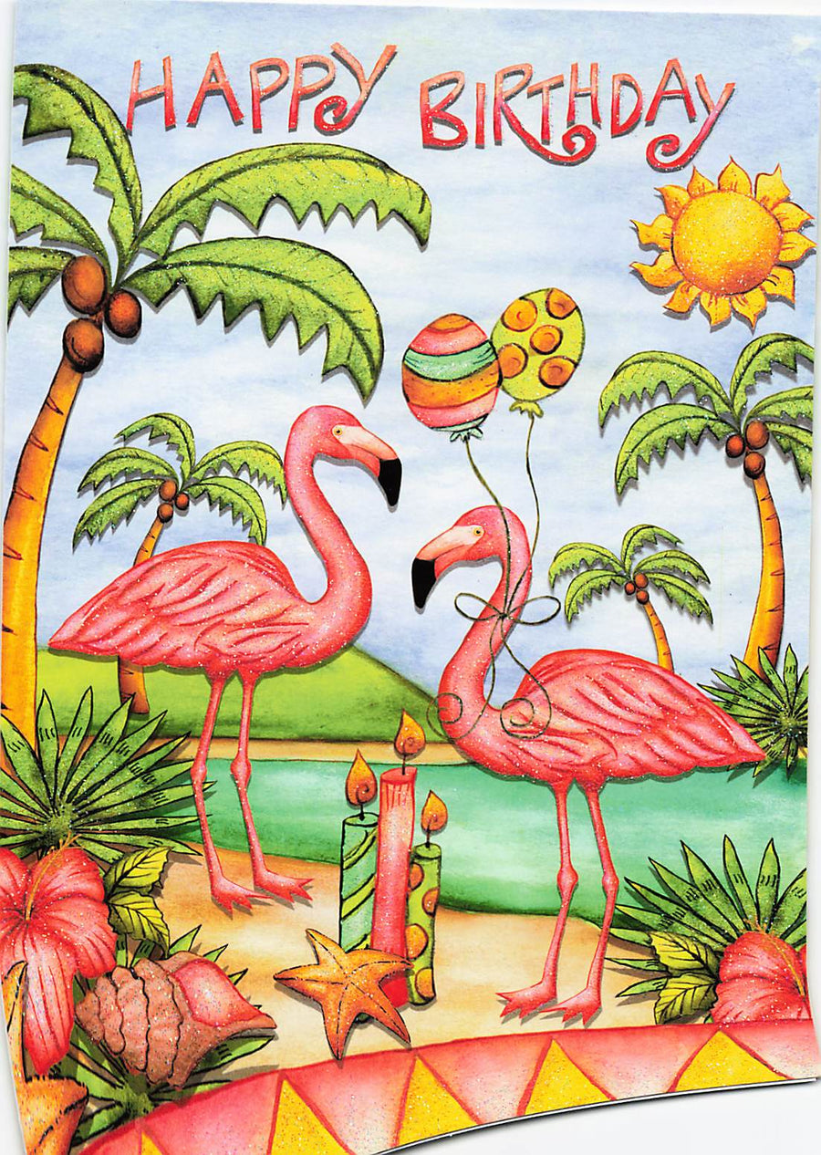 Greeting Card - Flamingos with balloons on beach