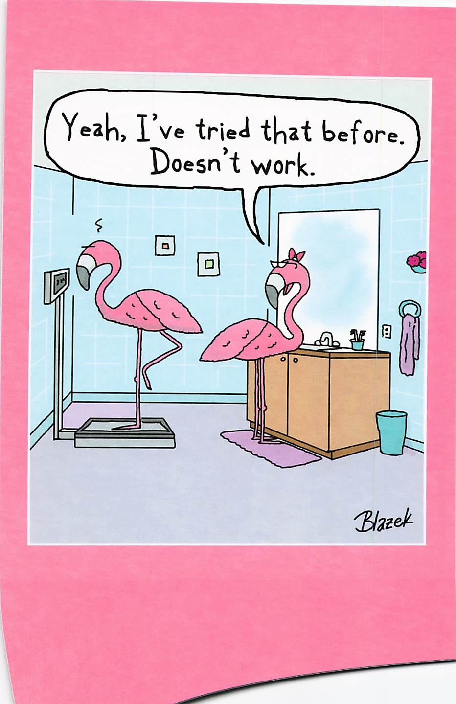 Greeting Card - Flamingo pair; one standing on scale