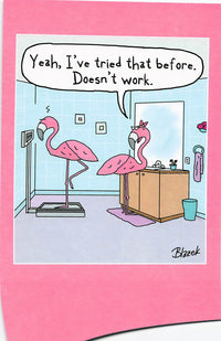 Greeting Card - Flamingo pair; one standing on scale