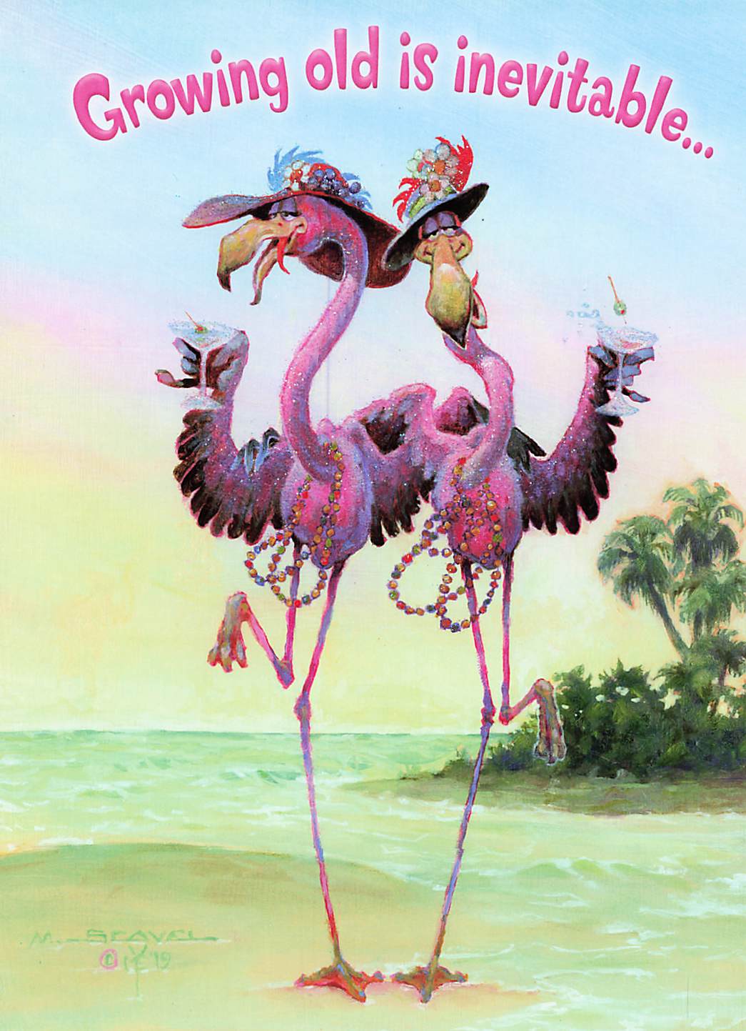 Greeting Card - Two flamingos with hats & cocktails