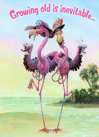 Greeting Card - Two flamingos with hats & cocktails