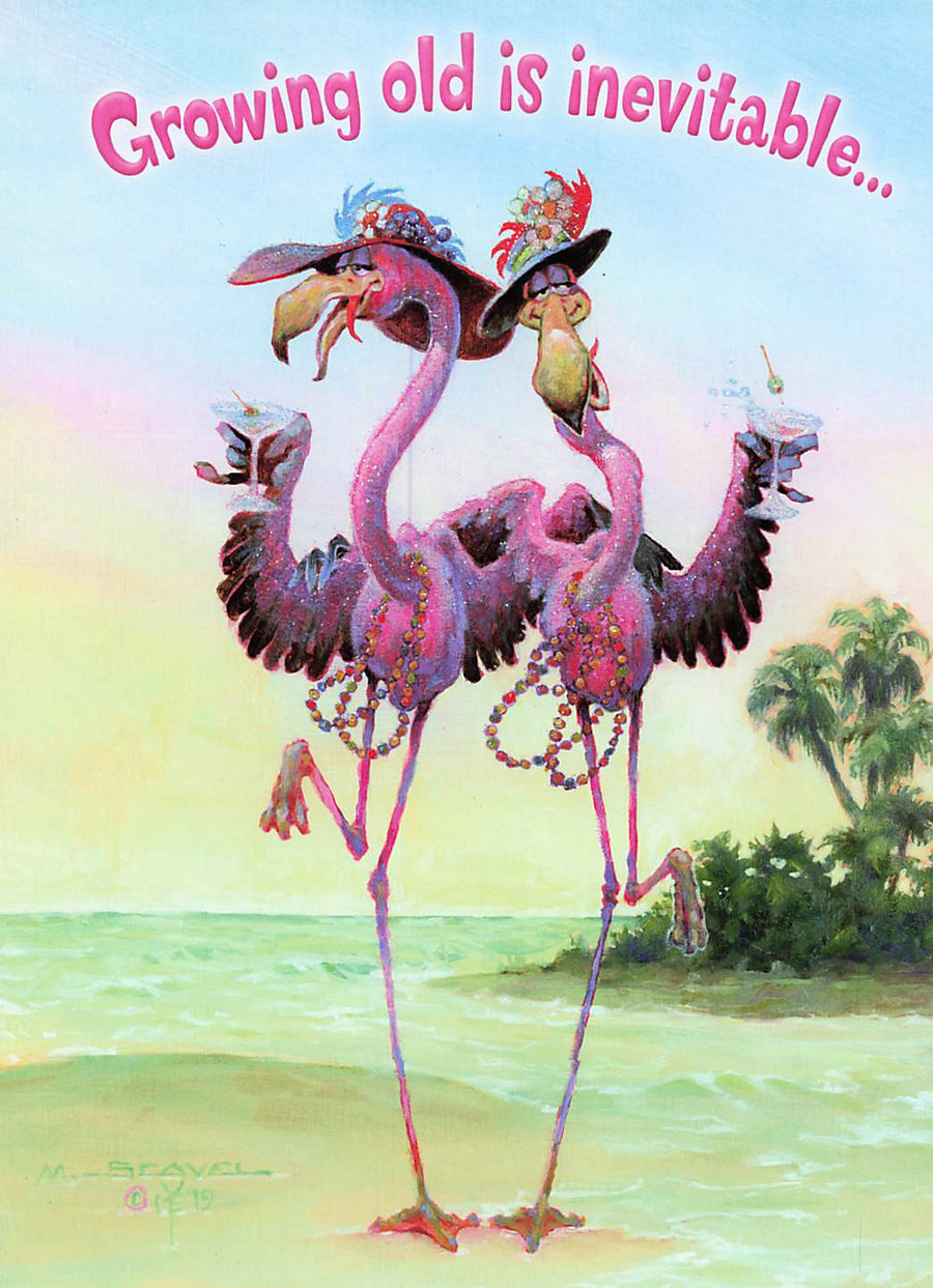 Greeting Card - Two flamingos with hats & cocktails