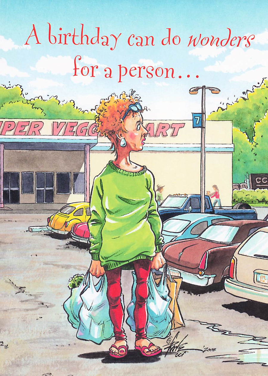 Greeting Card - Woman lost in grocery store parking lot