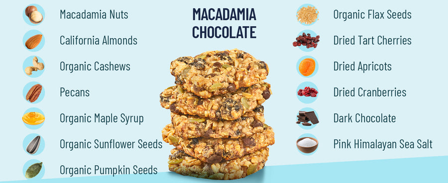 Barre de collation au chocolat et aux noix de macadamia, aux cerises et aux abricots