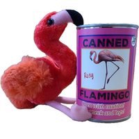 Plush flamingo toy next to a can labeled 'Canned Flamingo' on a white background