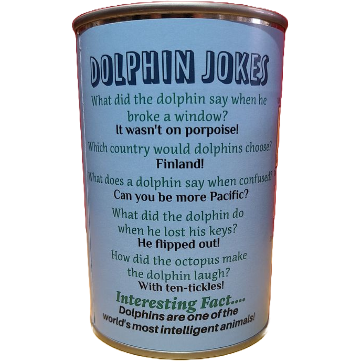 Canned Gifts - Flip the Canned Dolphin | Stuffed Animal Plush w/Jokes |Gift: Pop Top Lid