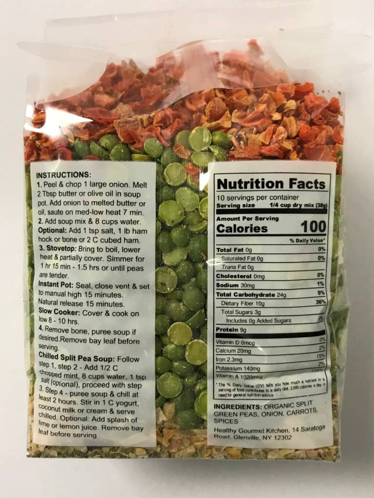 Package of dried split pea soup mix with nutrition facts label and instructions.
