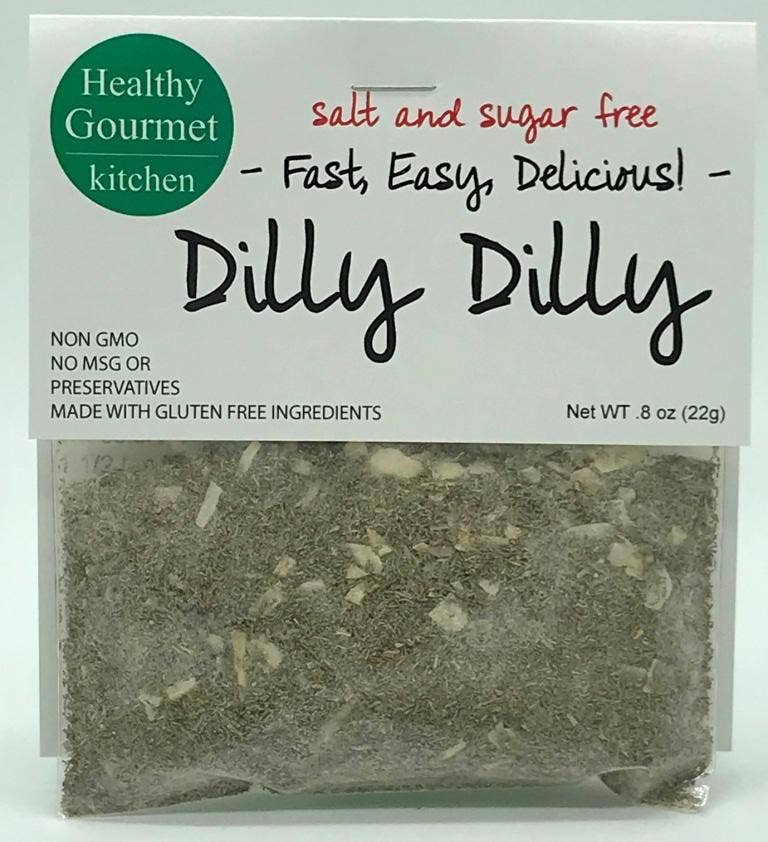 Packaged product from Healthy Gourmet Kitchen with 'Dilly Dilly' branding on a white background