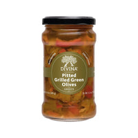 Jar of Divina pitted grilled green olives on a white background