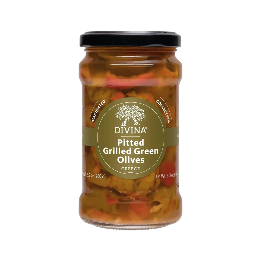Jar of Divina pitted grilled green olives on a white background