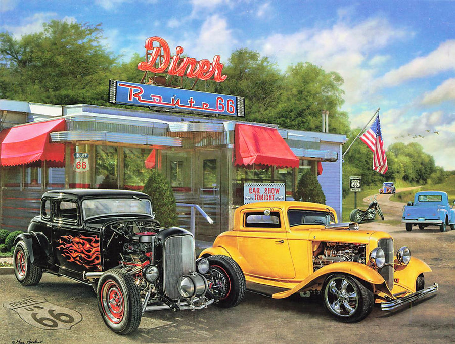 Greeting Card - Route 66 diner with hot rods