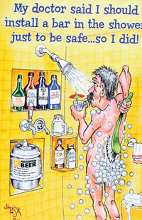 Greeting Card - Man showering with keg and bottles
