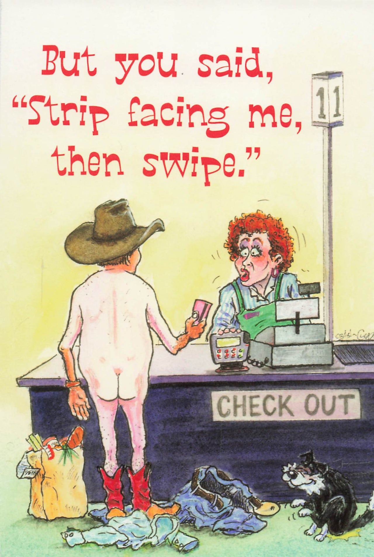 Greeting Card - Cowboy naked at checkout counter
