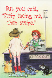 Greeting Card - Cowboy naked at checkout counter