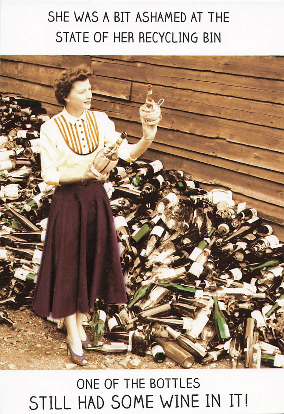 Greeting Card - Photo of woman next to pile of bottles
