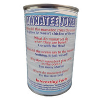 Canister with manatee jokes and facts on a white background