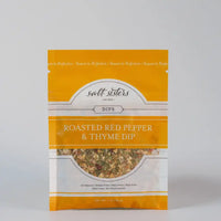 toasted red pepper & thyme dip in 1 oz plastic package with 'salt sisters' branding on a gray background