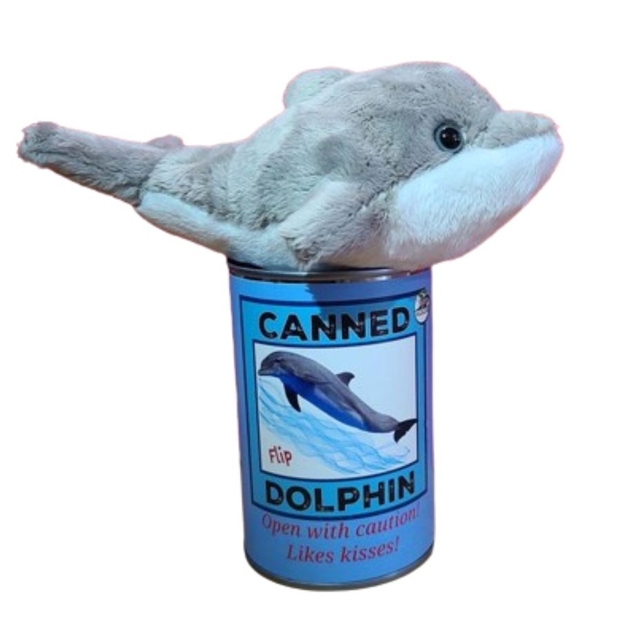 Canned Gifts - Flip the Canned Dolphin | Stuffed Animal Plush w/Jokes |Gift: Pop Top Lid