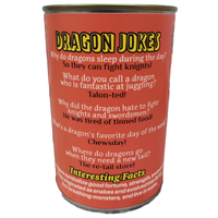 Red can with dragon jokes and facts on a white background