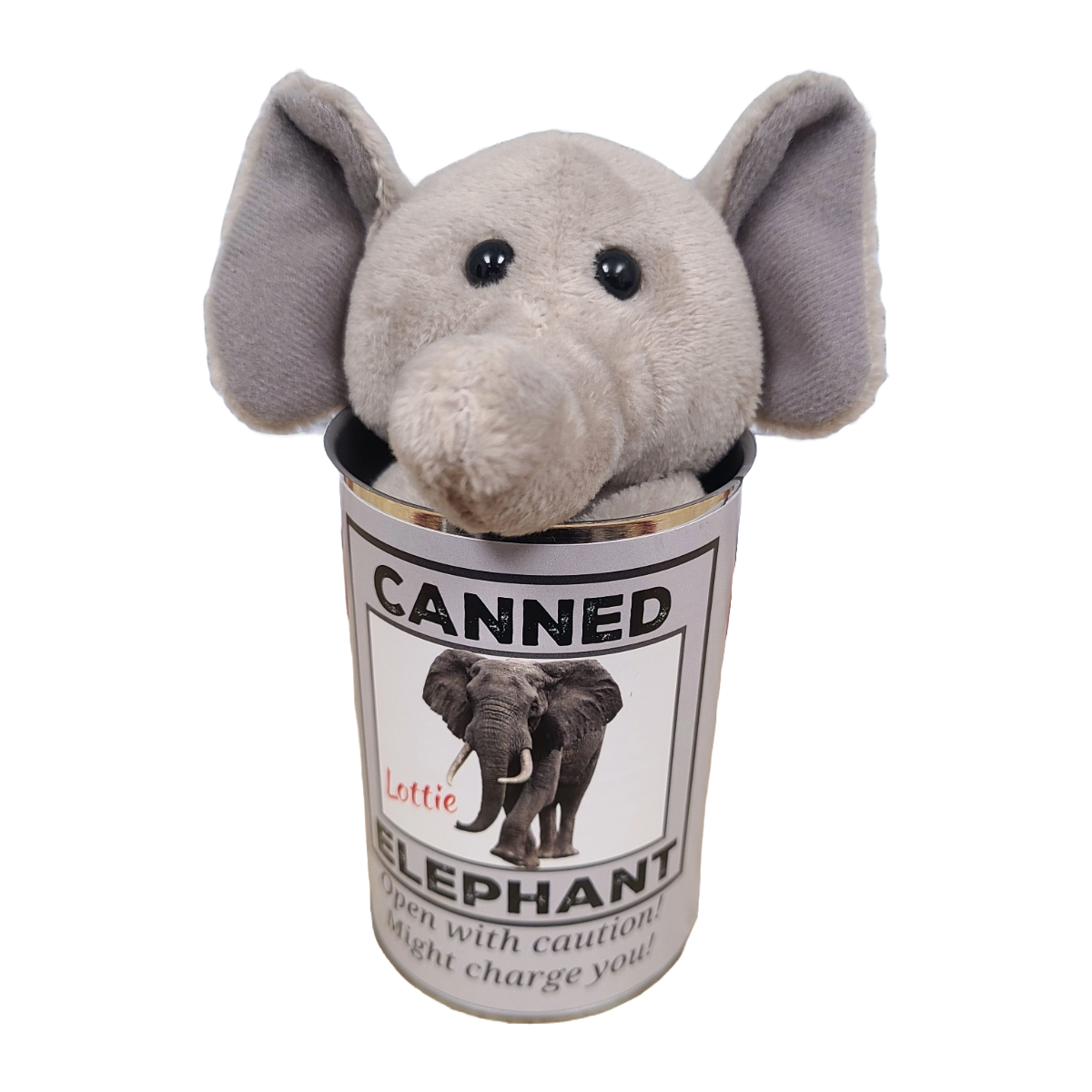 Plush elephant toy in a can labeled 'Canned Elephant' on a white background