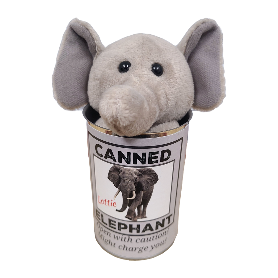 Plush elephant toy in a can labeled 'Canned Elephant' on a white background