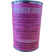 Pink can with flamingo jokes on a white background
