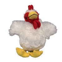 Plush toy rooster with a red comb on a white background