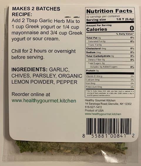 Back of a container with recipe, nutrition facts, and ingredients listed.