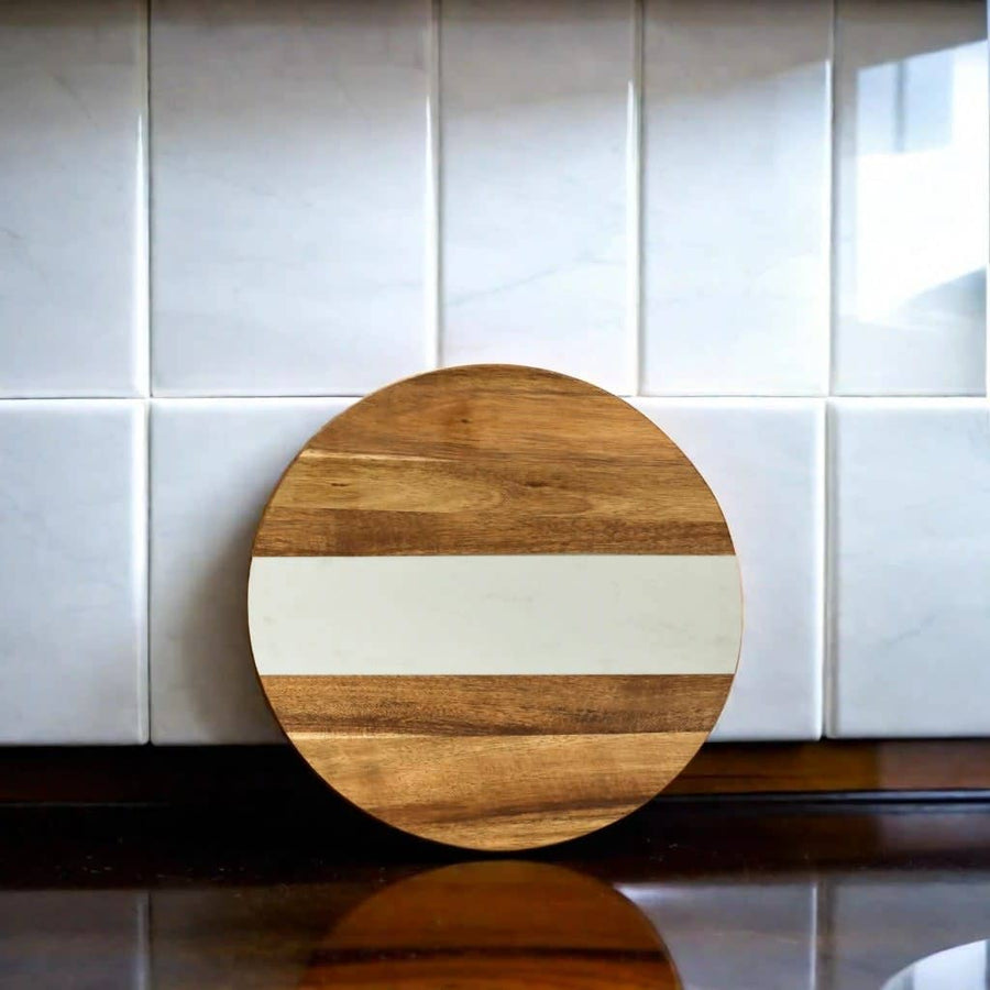 White Marble and Acacia Wood Round Charcuterie Board - 11"