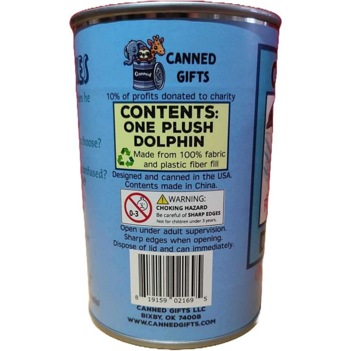 Canned Gifts - Flip the Canned Dolphin | Stuffed Animal Plush w/Jokes |Gift: Pop Top Lid