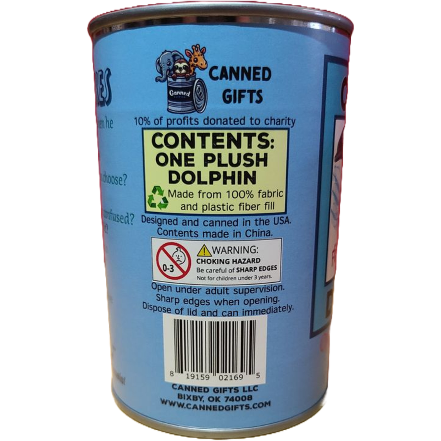 Canned Gifts - Flip the Canned Dolphin | Stuffed Animal Plush w/Jokes |Gift: Pop Top Lid