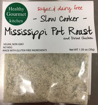 Package of Mississippi Pot Roast with 'Healthy Gourmet Kitchen' branding on a metallic surface.