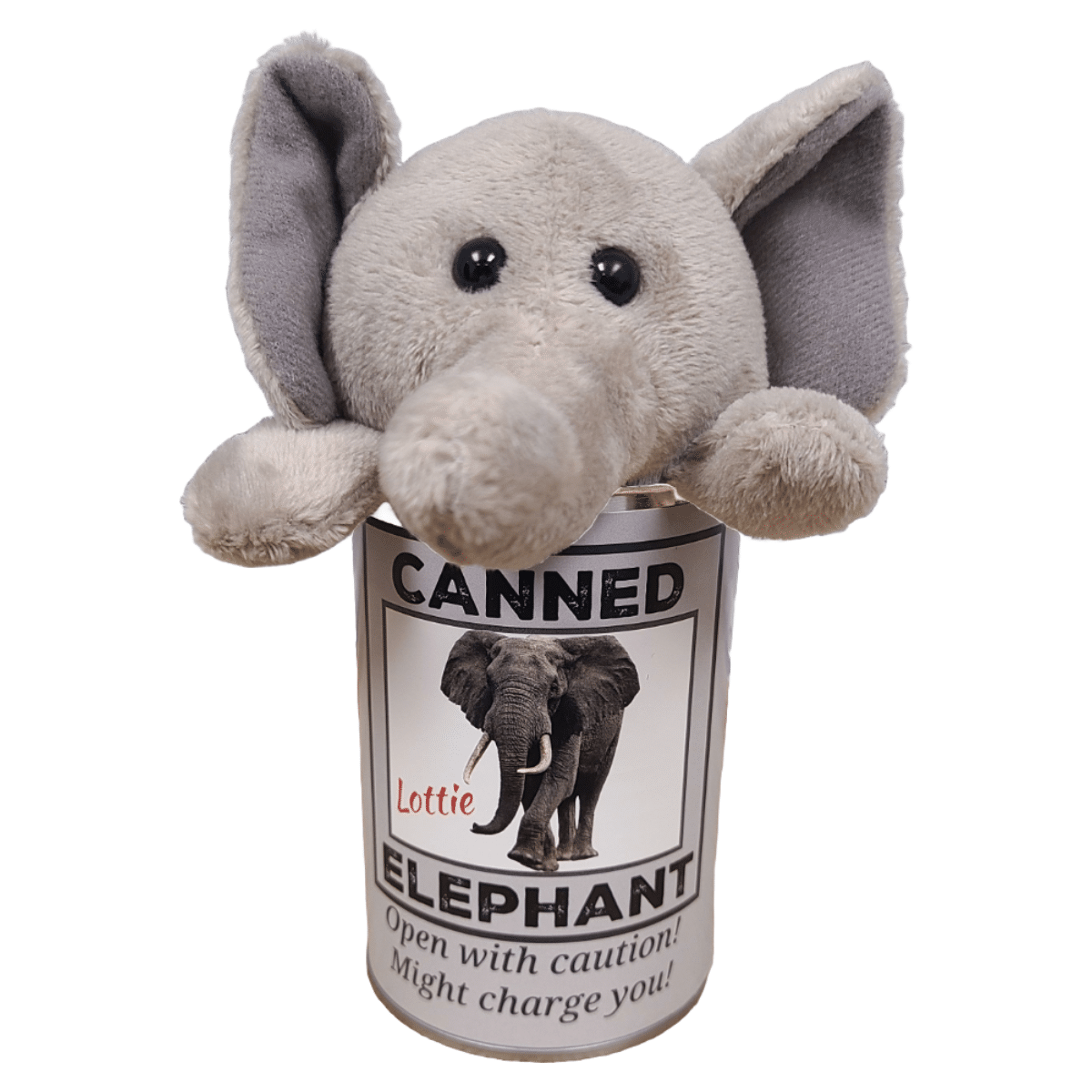 Plush elephant toy inside a can labeled 'Canned Elephant' on a white background