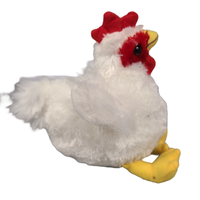 Plush chicken toy with a red comb on a white background