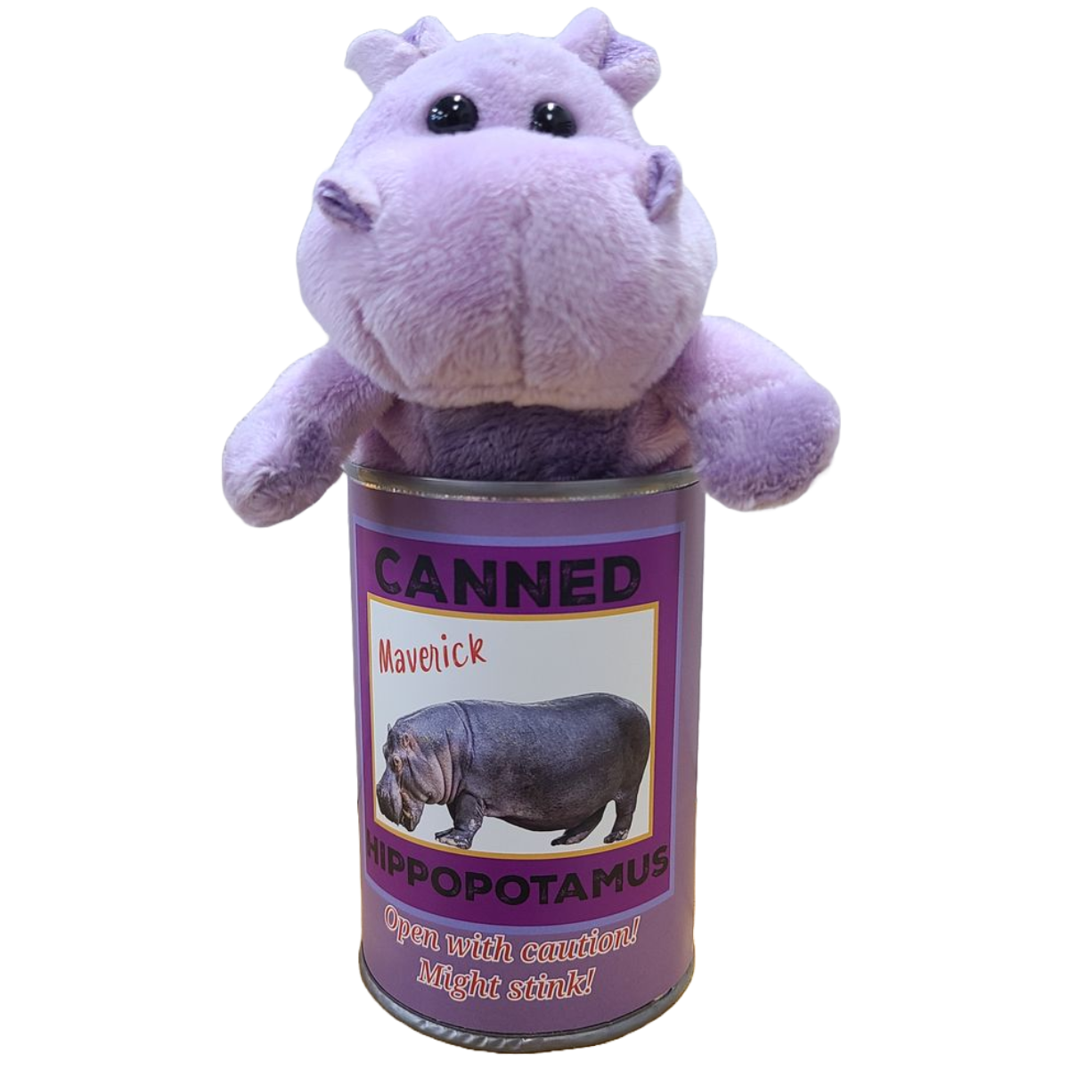 Plush hippo toy inside a can labeled 'Canned Hippopotamus' on a white background