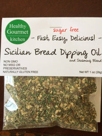 Packaging of Healthy Gourmet Kitchen Sicilian Bread Dipping Oil on a wooden surface