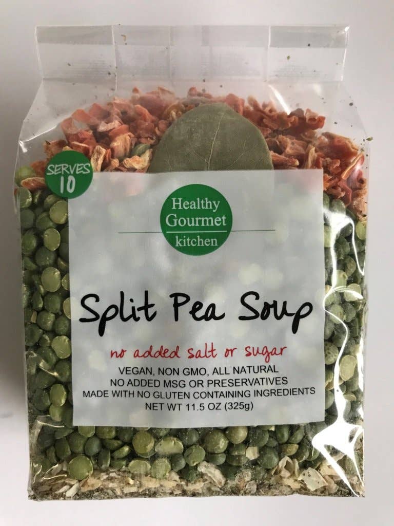 Package of Healthy Gourmet Kitchen Split Pea Soup with visible ingredients.