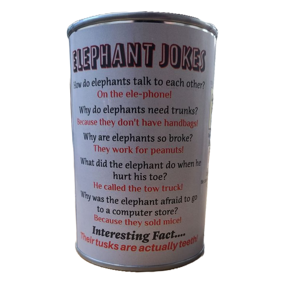 Can of 'Elephant Jokes' with humorous text on a white background