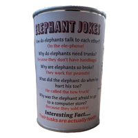 Can of 'Elephant Jokes' with humorous text on a white background