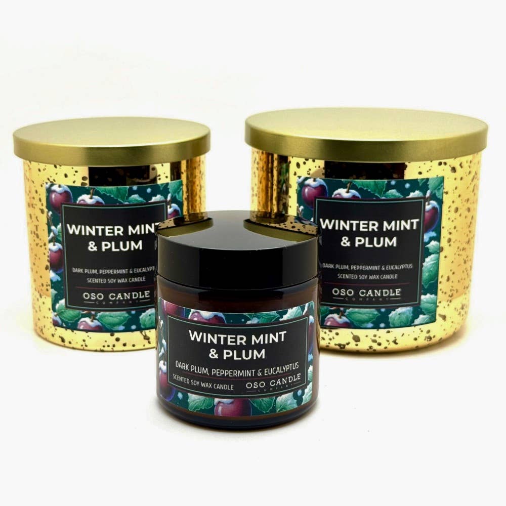 Oso Candle Company - Winter Mint and Plum | Scented Soy Wax Candle: 8.5 oz Glass Jar / Metal Lid