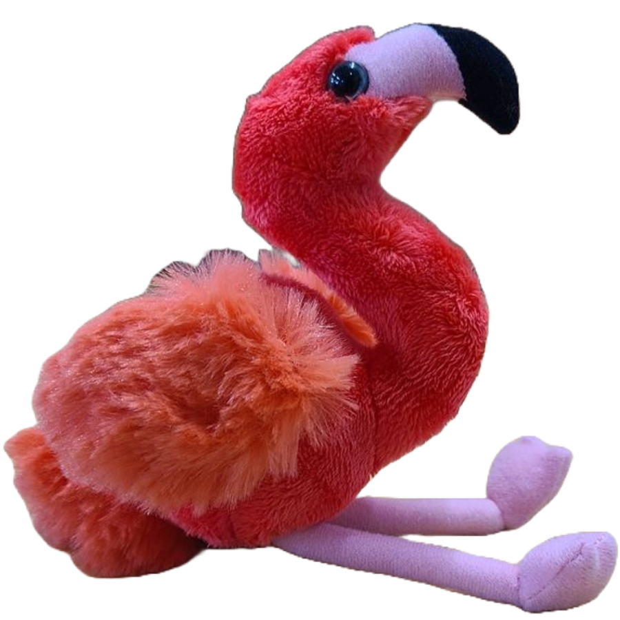 Plush flamingo toy on a white background