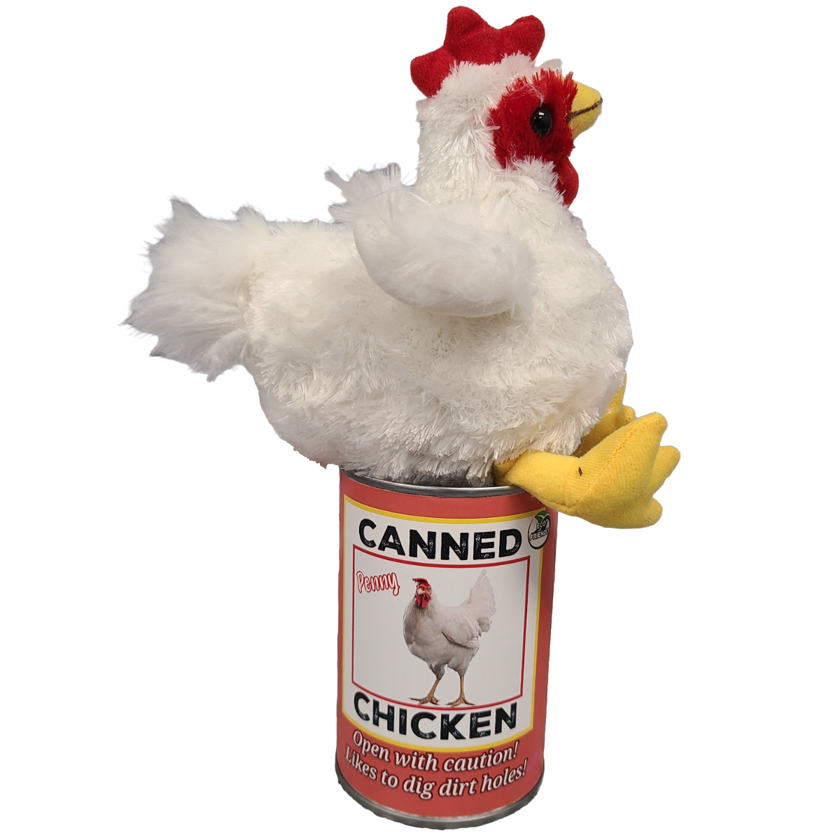 Plush toy chicken emerging from a can labeled 'Canned Chicken' on a white background