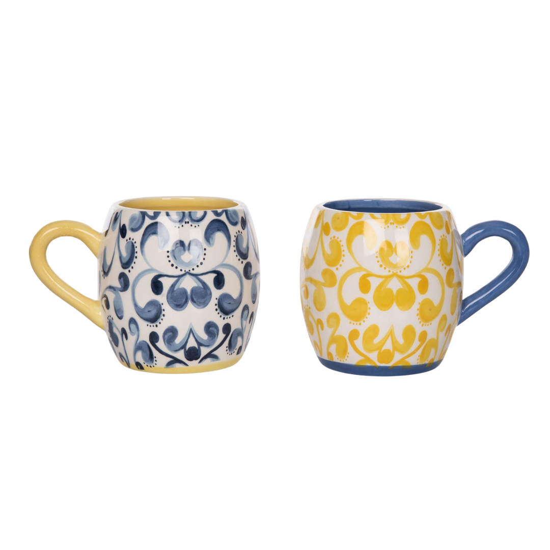 Set of 2 - Ceramic Indigo Citrus Mug - Yellow & Blue - Spring Decor