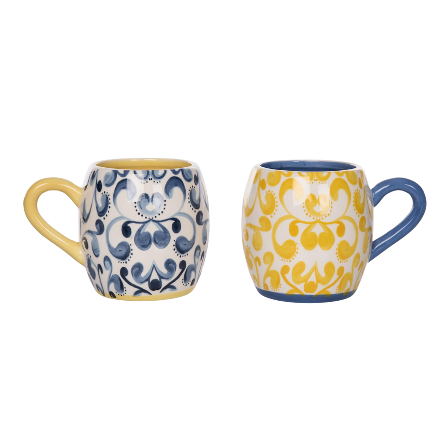 Set of 2 - Ceramic Indigo Citrus Mug - Yellow & Blue - Spring Decor